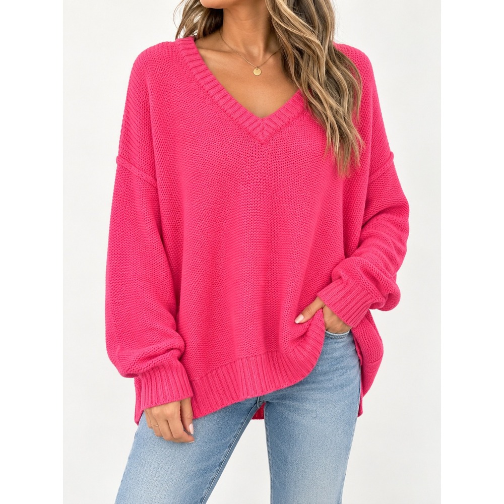 Free People Hot Pink Oversized Chunky Knit V-Neck Sweater Boho Neon Pullover L